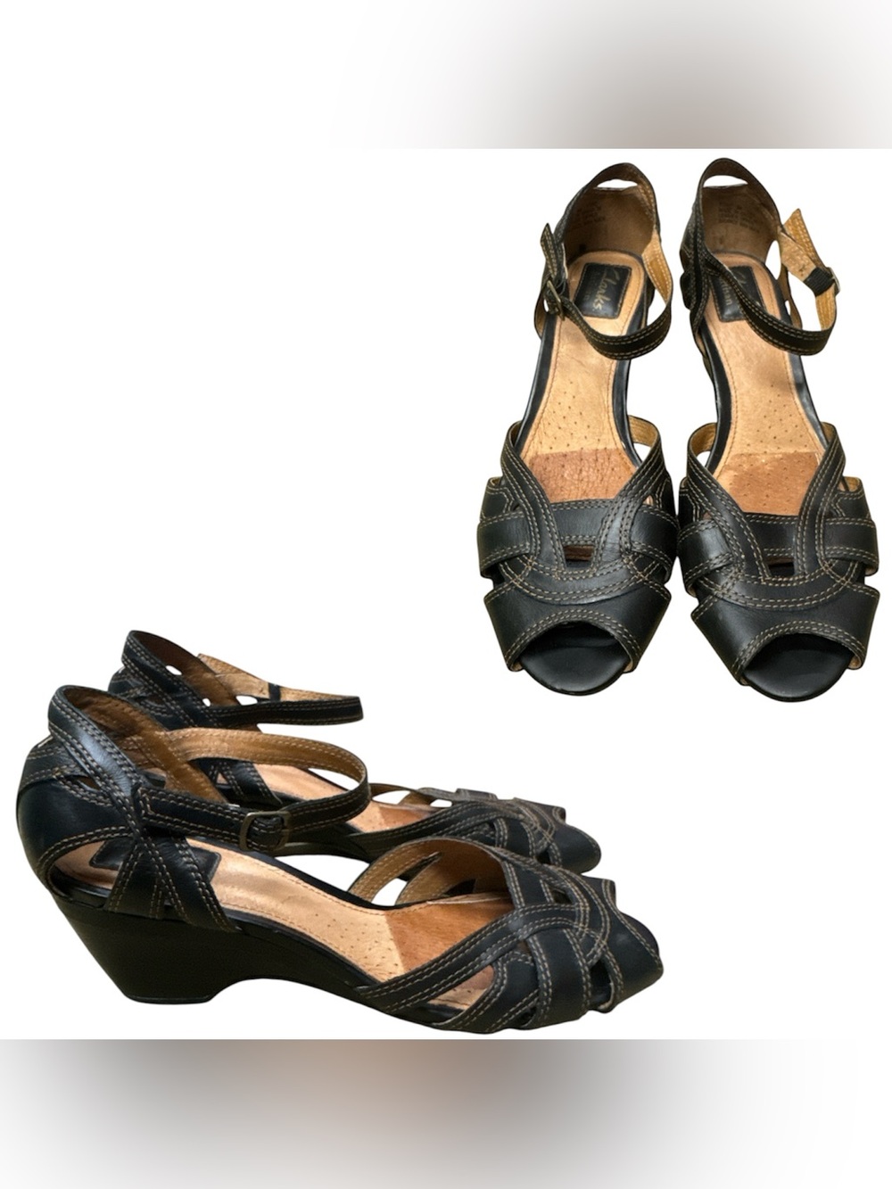 Clarks Artisan Black Leather Open-Toe Wedge Sandals with Ankle Strap S8